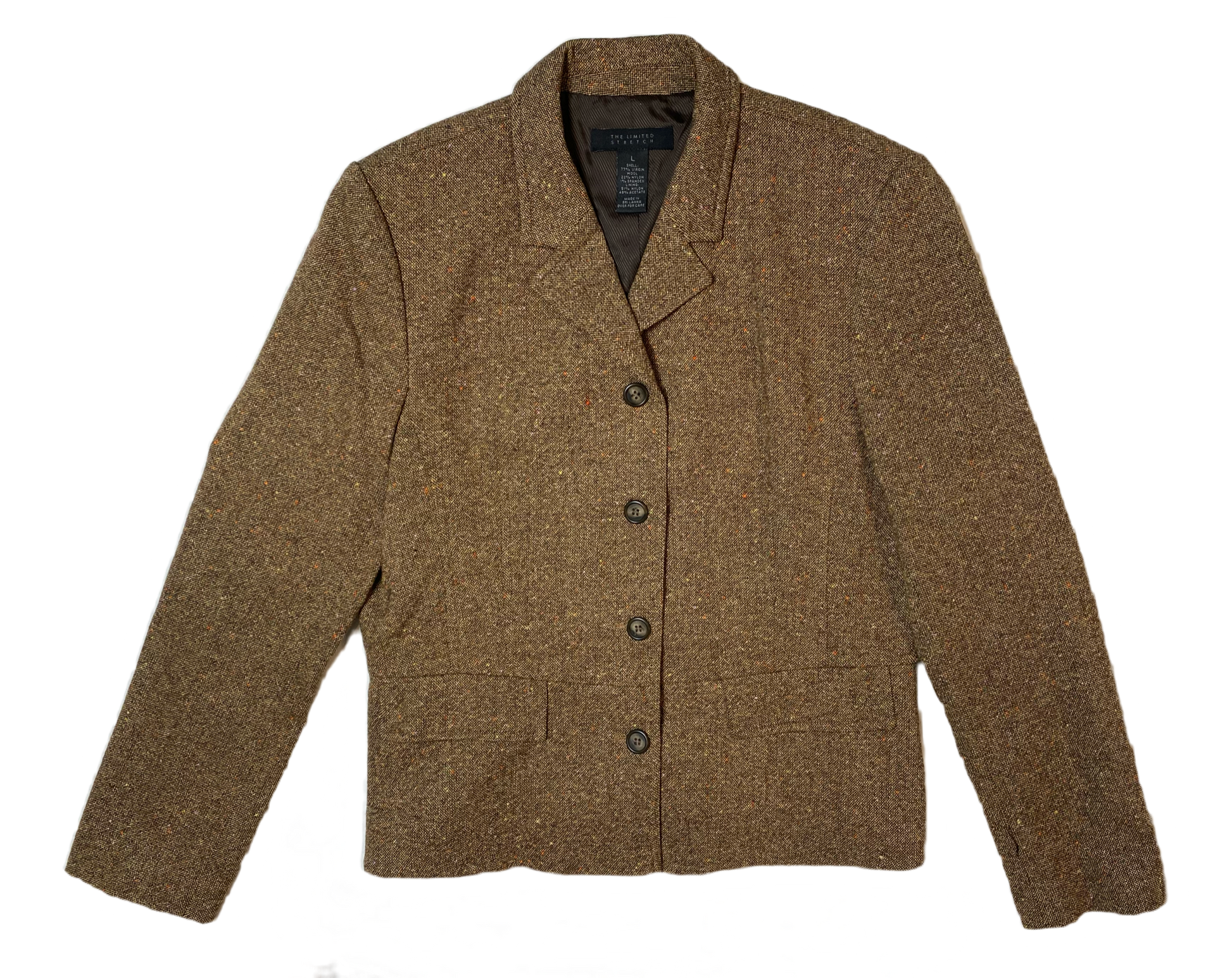 The Limited Stretch Tweed Blazer  Four button, lined, brown tweed, stretch blazer with front flap pockets.
Pair this with skinny jeans, tall boots and a cream tee for a fashionable Fall outfit!