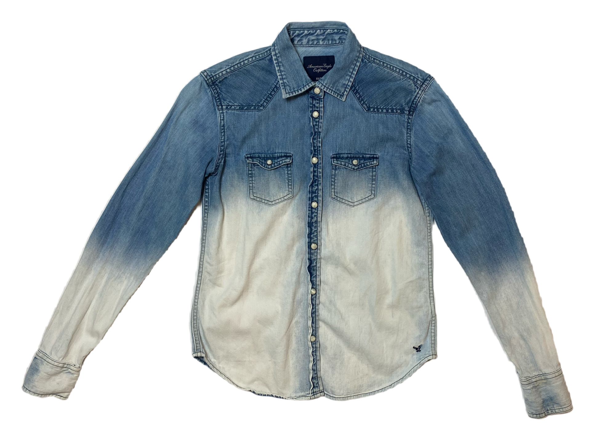 American Eagle Ombre Bleached Denim Shirt Long sleeve, ombre bleached, pearl snap front shirt.
