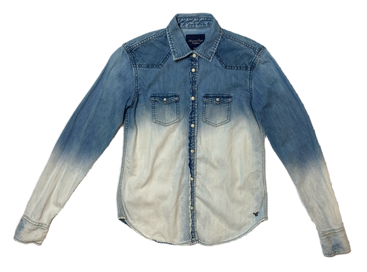 American Eagle Ombre Bleached Denim Shirt Long sleeve, ombre bleached, pearl snap front shirt.