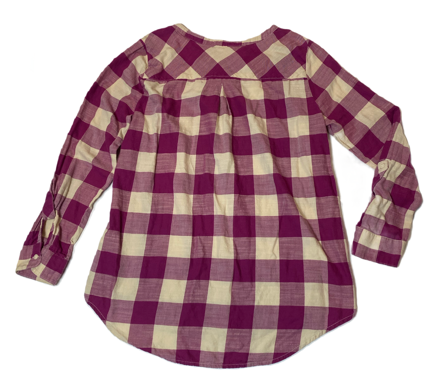 Lucky Brand Pink and Cream Plaid Shirt Collarless, long sleeves with cuff strap. Button front henley style plaid shirt.
