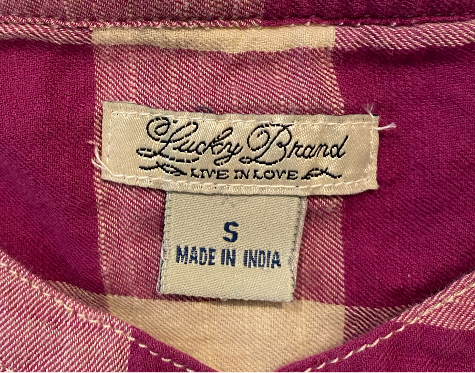Lucky Brand Pink and Cream Plaid Shirt Collarless, long sleeves with cuff strap. Button front henley style plaid shirt.