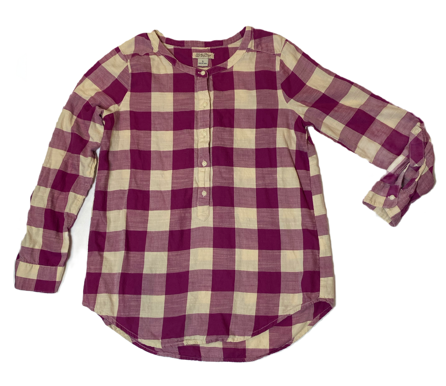 Lucky Brand Pink and Cream Plaid Shirt Collarless, long sleeves with cuff strap. Button front henley style plaid shirt.