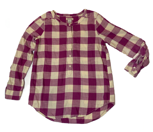 Lucky Brand Pink and Cream Plaid Shirt Collarless, long sleeves with cuff strap. Button front henley style plaid shirt.