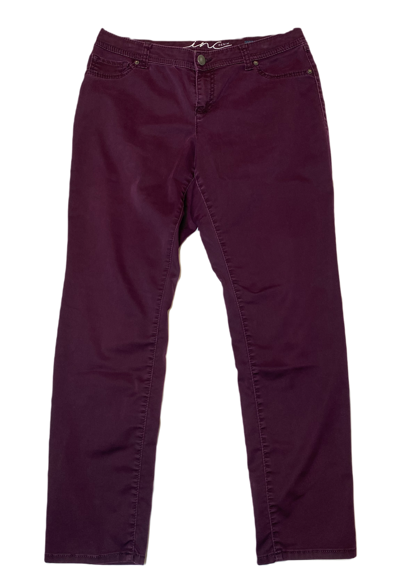 INC Burgundy 5 Pocket Straight Leg Jeans  Size 12  Step into style with these Burgundy Straight Leg Jeans by INC. Effortlessly chic, these jeans feature a classic 5