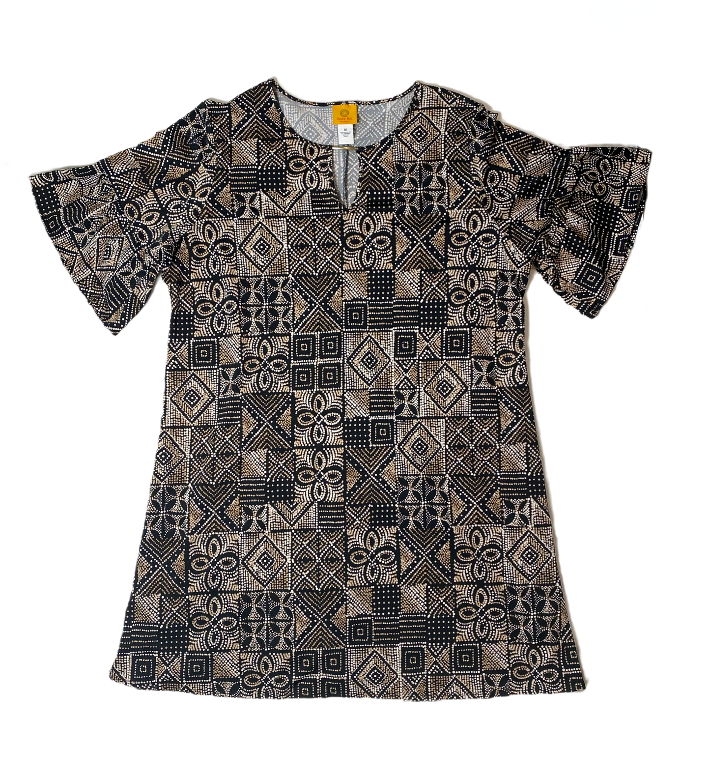 Ruby Rd Short Bell Sleeve Tiki Print Dress Size 1X  Turn heads in this Ruby Rd. A-line dress with playful bell sleeves and a bold tiki print in brown, black, and whi