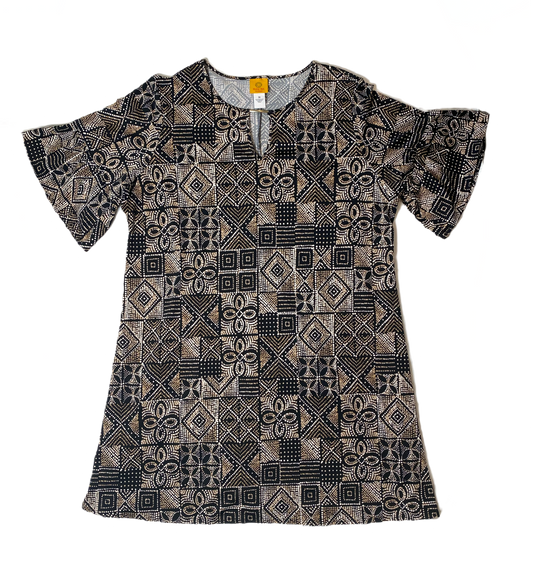 Ruby Rd Short Bell Sleeve Tiki Print Dress Size 1X  Turn heads in this Ruby Rd. A-line dress with playful bell sleeves and a bold tiki print in brown, black, and whi