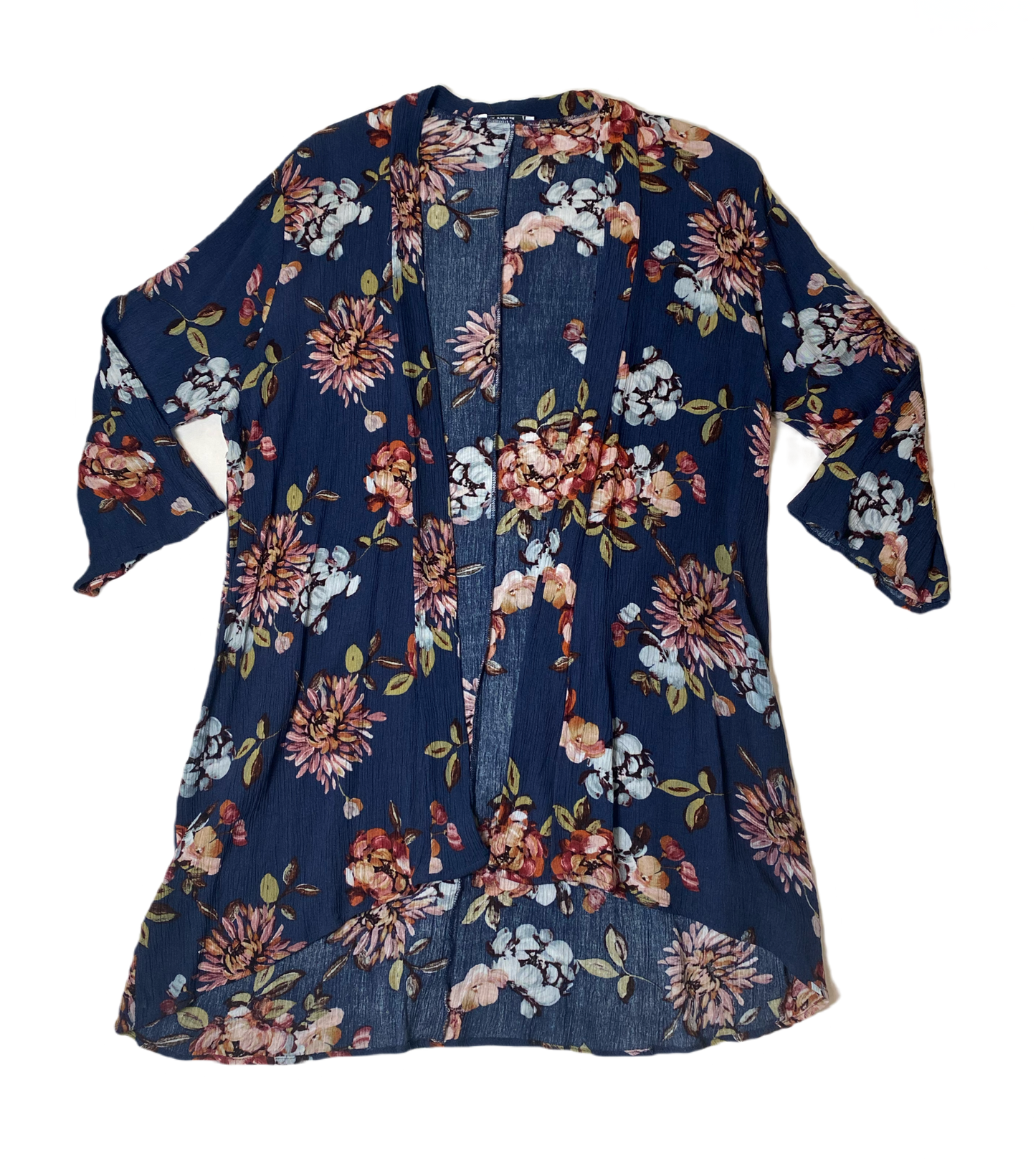 Pink Clover Floral Open CardiganPink Clover open front blue cardigan with floral print.
This would look great with a white tank and cute wedge heels!