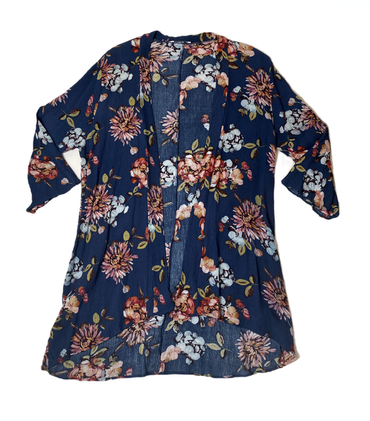 Pink Clover Floral Open CardiganPink Clover open front blue cardigan with floral print.
This would look great with a white tank and cute wedge heels!