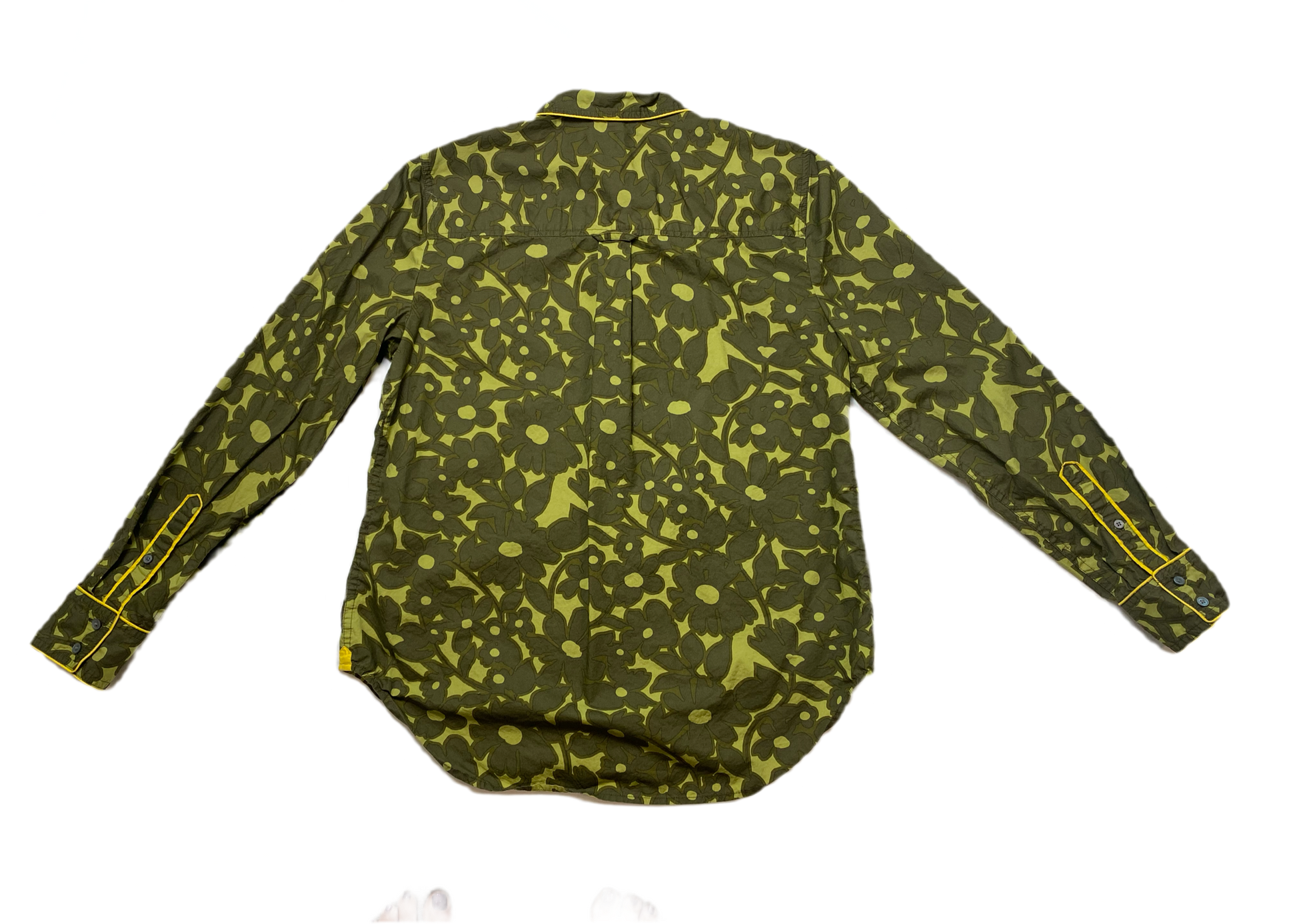 J Crew Floral Print Button Blouse Elevate your wardrobe with this abstract floral blouse from J Crew. Its vibrant green and chartreuse color is perfect for spring and summer. The button-down style an