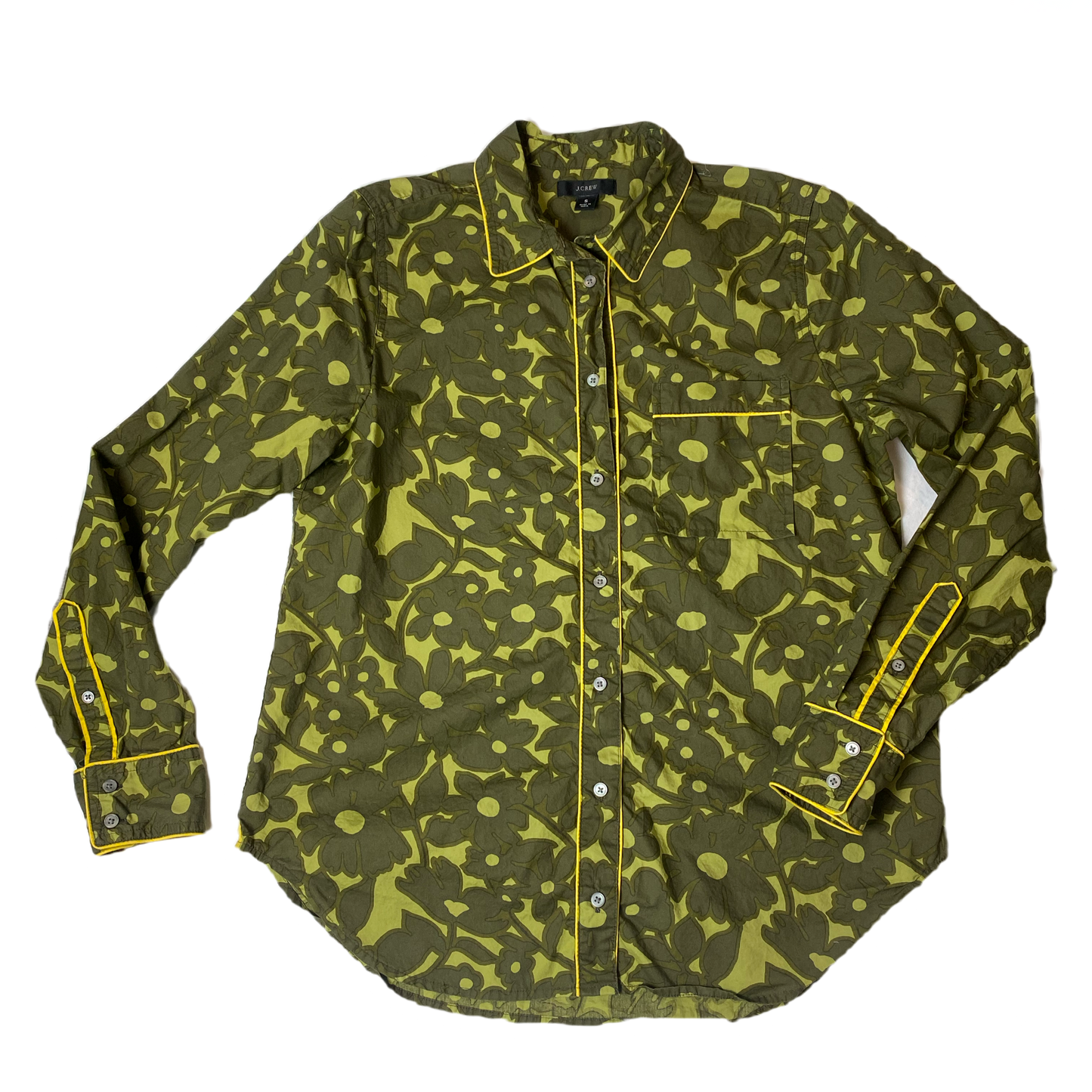 J Crew Floral Print Button Blouse Elevate your wardrobe with this abstract floral blouse from J Crew. Its vibrant green and chartreuse color is perfect for spring and summer. The button-down style an
