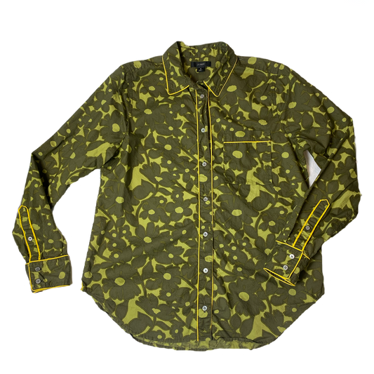 J Crew Floral Print Button Blouse Elevate your wardrobe with this abstract floral blouse from J Crew. Its vibrant green and chartreuse color is perfect for spring and summer. The button-down style an