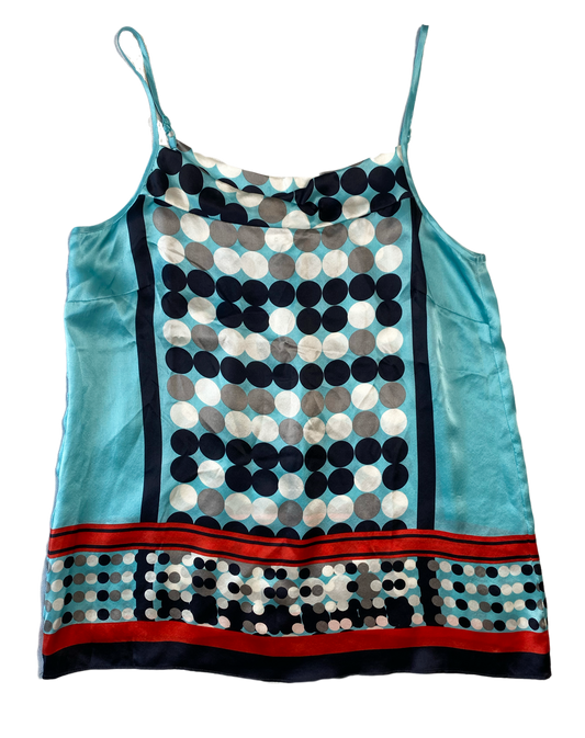 CAbi Aqua Silk Tank with Black & White DotsSuch a cool tank!  It has a draped neckline and adjustable straps. And it's silky soft!  Dress it up or down, you will love it either way!
