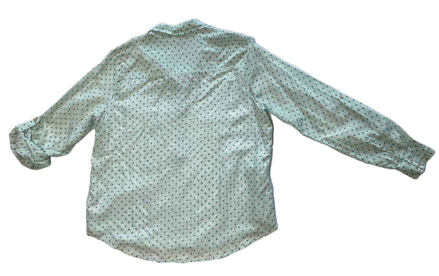 ellen amber Silk Blend Blouse with half-placket button up.Lovely mint-green blouse with polka-dots and button-front