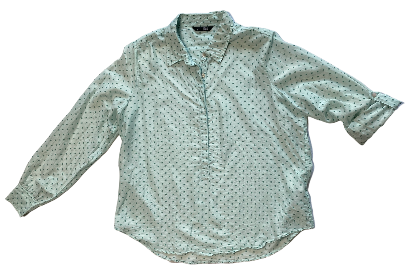 ellen amber Silk Blend Blouse with half-placket button up.Lovely mint-green blouse with polka-dots and button-front