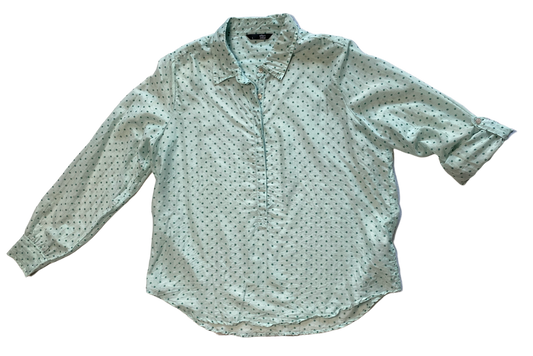 ellen amber Silk Blend Blouse with half-placket button up.Lovely mint-green blouse with polka-dots and button-front