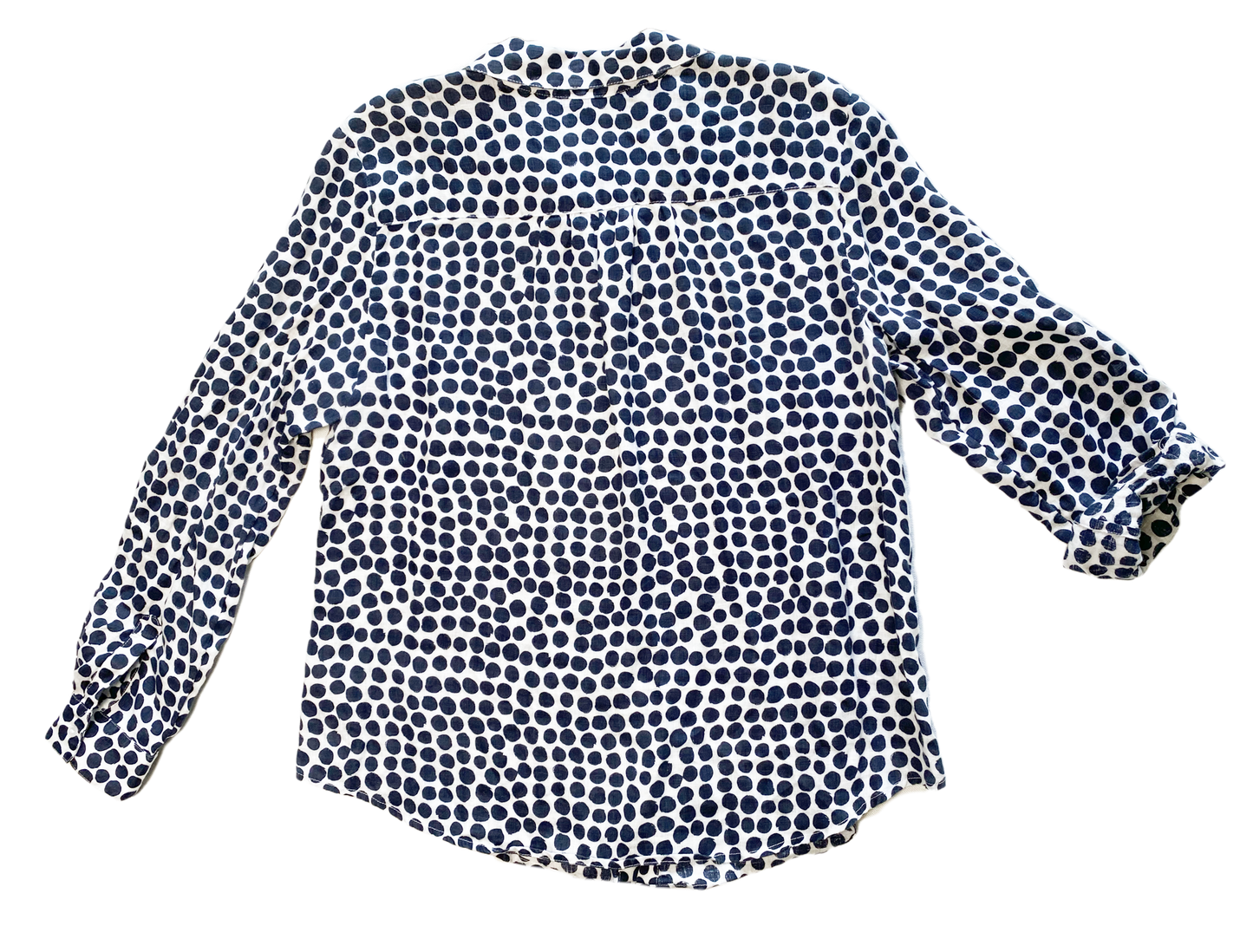 Charter Club White Linen Blouse with Navy Polka DotsPerfect Linen blouse to throw over a T-shirt and Jeans, or maybe a sundress!