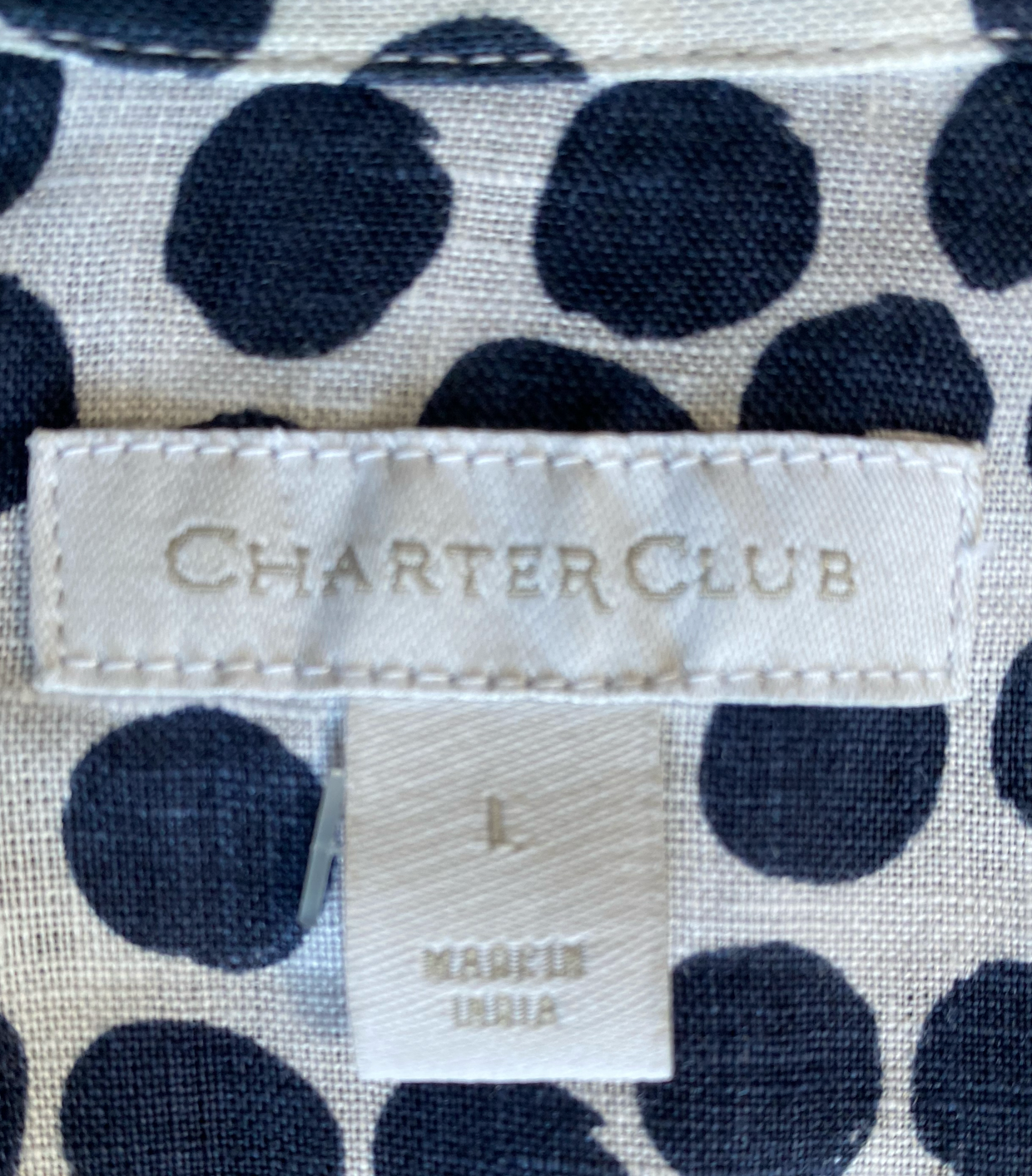 Charter Club White Linen Blouse with Navy Polka DotsPerfect Linen blouse to throw over a T-shirt and Jeans, or maybe a sundress!