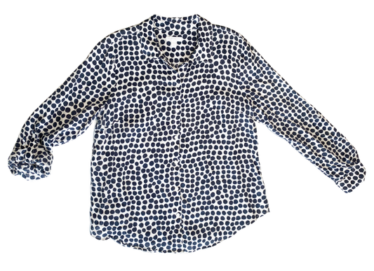 Charter Club White Linen Blouse with Navy Polka DotsPerfect Linen blouse to throw over a T-shirt and Jeans, or maybe a sundress!