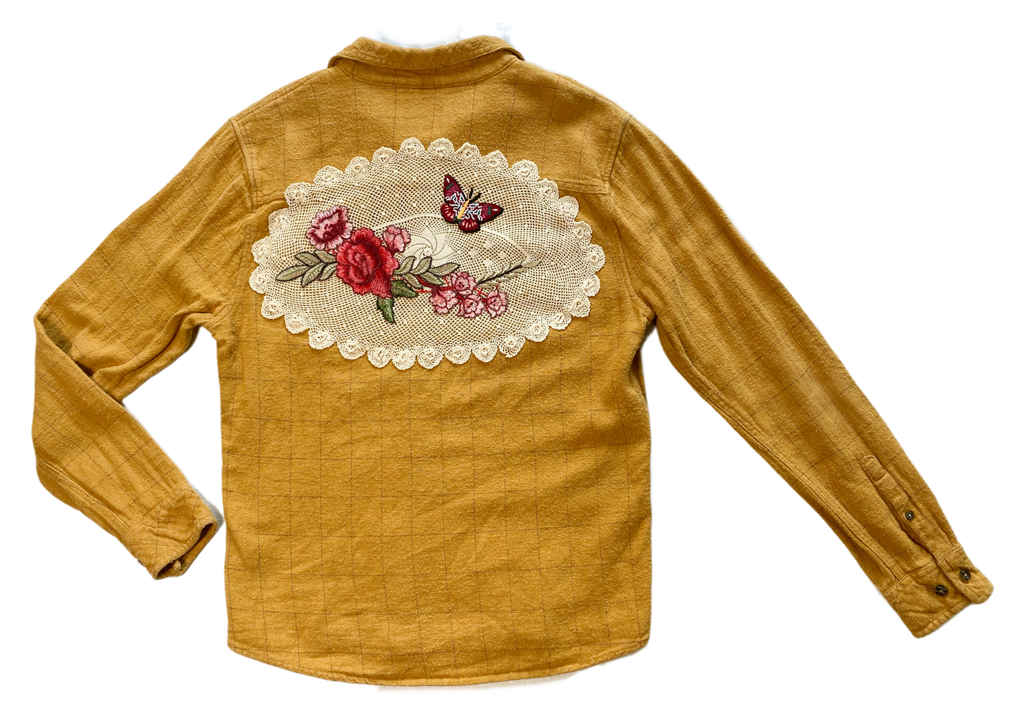 REFRESHED - Mustard HUF Flannel with Vintage Crochet Lace, Floral and  Refreshed - Awesome Flannel with Vintage Crochet, Floral and Butterfly appliques.