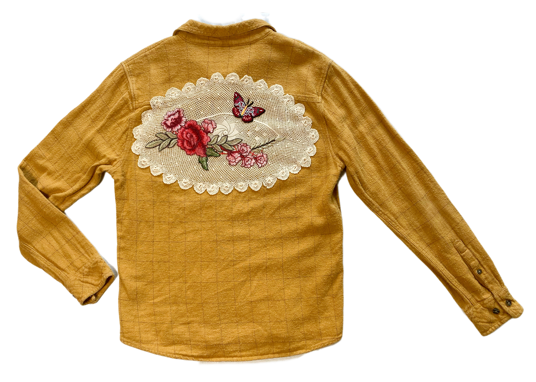 REFRESHED - Mustard HUF Flannel with Vintage Crochet Lace, Floral and  Refreshed - Awesome Flannel with Vintage Crochet, Floral and Butterfly appliques.