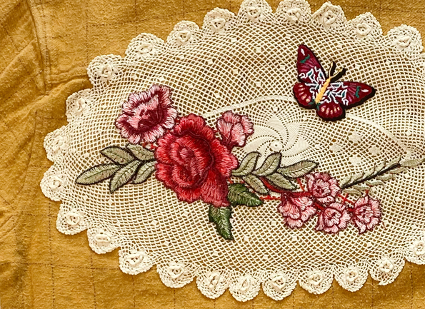 REFRESHED - Mustard HUF Flannel with Vintage Crochet Lace, Floral and  Refreshed - Awesome Flannel with Vintage Crochet, Floral and Butterfly appliques.