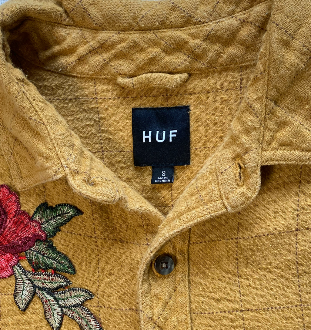REFRESHED - Mustard HUF Flannel with Vintage Crochet Lace, Floral and  Refreshed - Awesome Flannel with Vintage Crochet, Floral and Butterfly appliques.