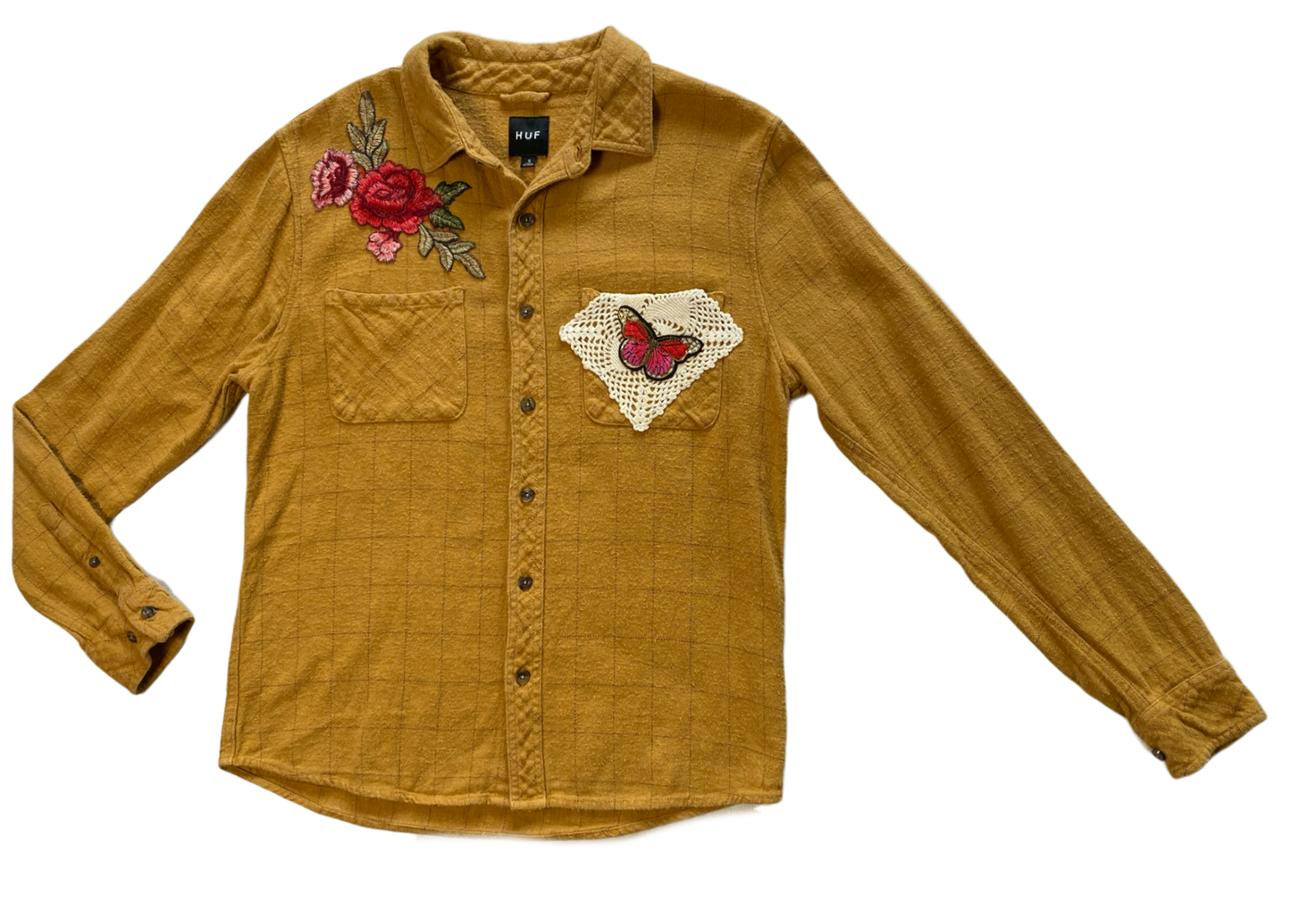 REFRESHED - Mustard HUF Flannel with Vintage Crochet Lace, Floral and  Refreshed - Awesome Flannel with Vintage Crochet, Floral and Butterfly appliques.
