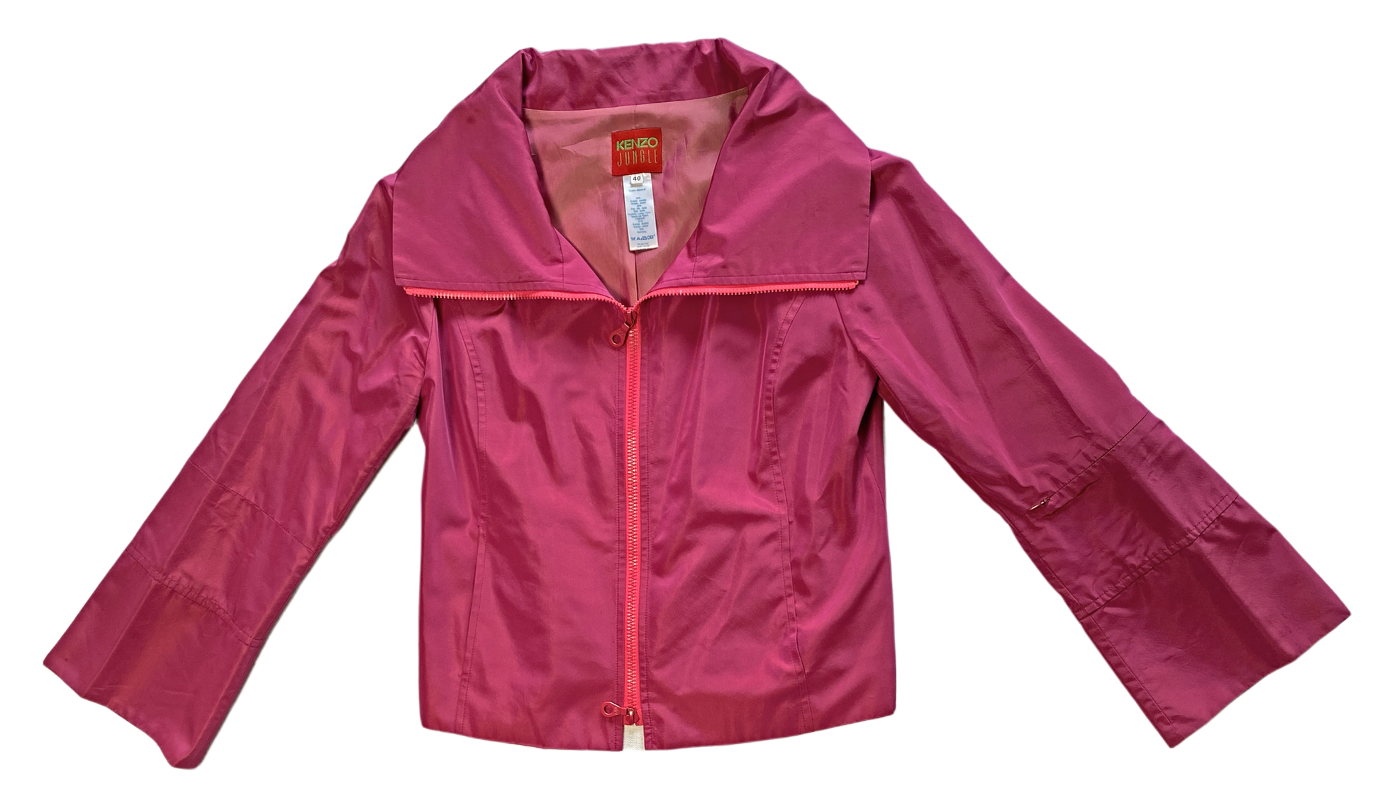 Kenzo Jungle Double Zip Front Shawl Collar Jacket  Brave the concrete jungle in style with the Kenzo Jungle Double Zip Front Shawl Collar Jacket. This magenta beau`