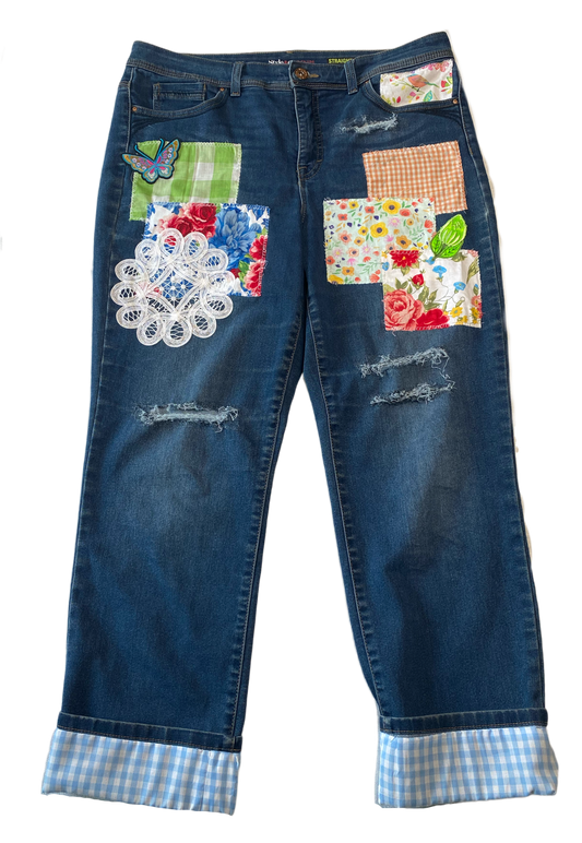 REFRESHED - Style & Co Straight Leg Denim Jeans, Distressed and Patche Refreshed - Gingham and Lace rule this great pair of customized jeans