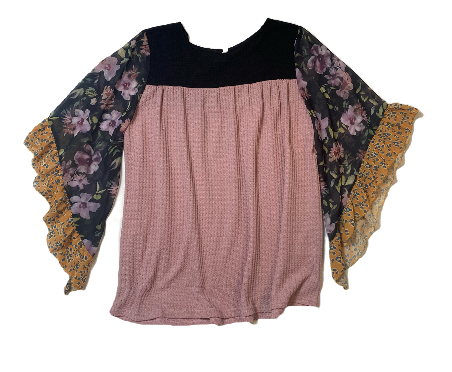 UnmarkedMauve and black shirt with multi colored flowy printed sleeves.
What a great shirt to transition into Fall with!! Pair with leggings or jeans.Womens TopsMauve Shirt with Flowy Printed SleevesFlowy Printed Sleeves