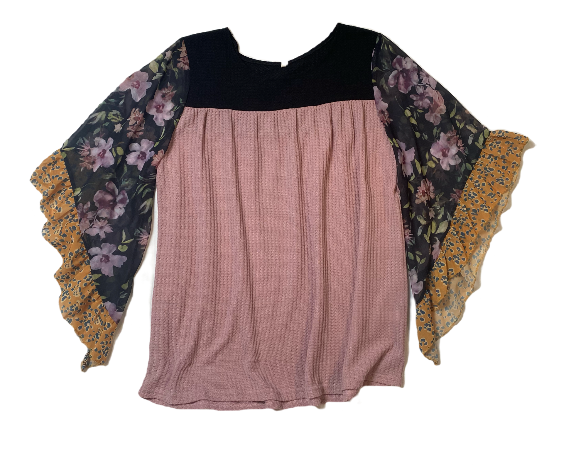 UnmarkedMauve and black shirt with multi colored flowy printed sleeves.
What a great shirt to transition into Fall with!! Pair with leggings or jeans.Womens TopsMauve Shirt with Flowy Printed SleevesFlowy Printed Sleeves