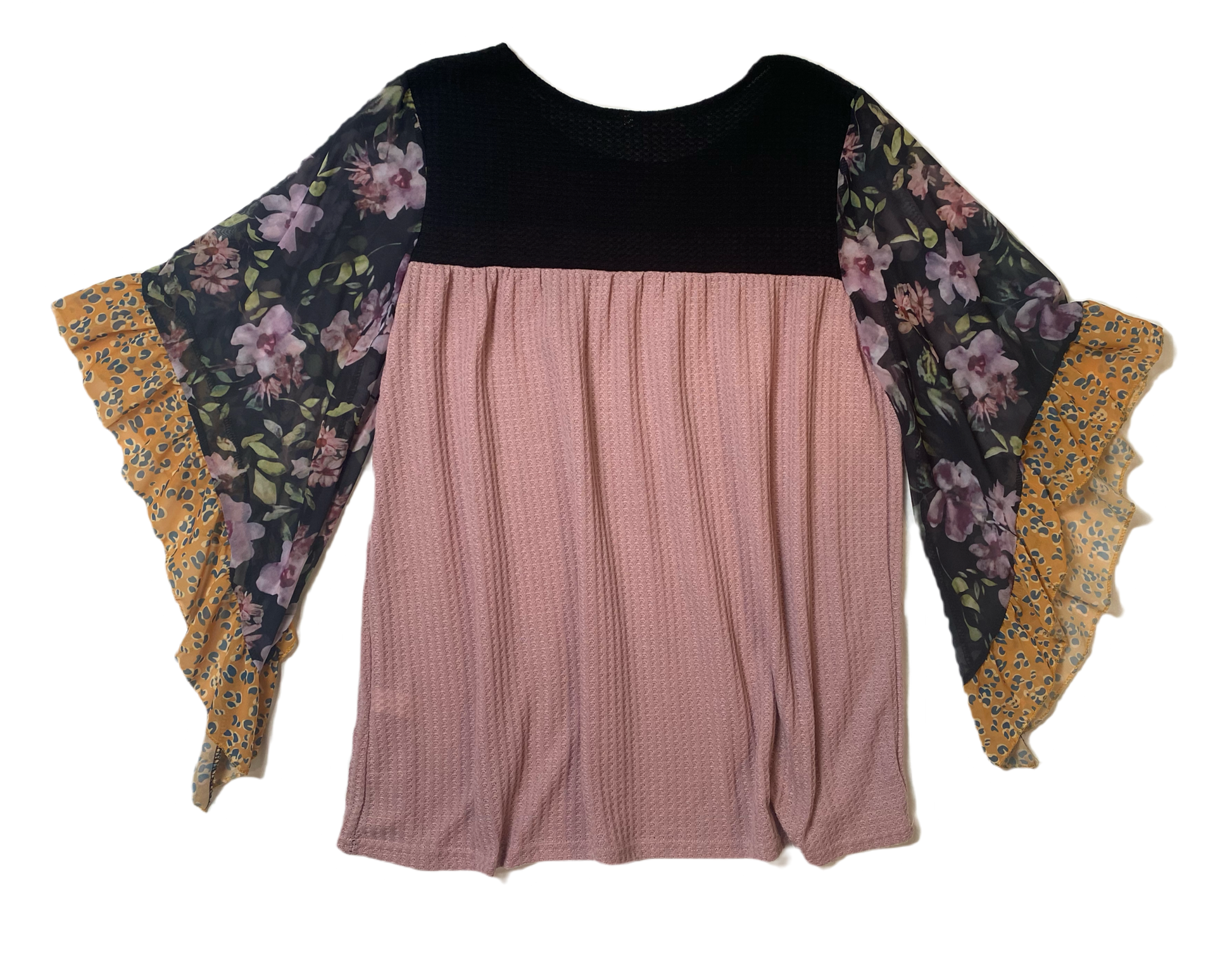 UnmarkedMauve and black shirt with multi colored flowy printed sleeves.
What a great shirt to transition into Fall with!! Pair with leggings or jeans.Womens TopsMauve Shirt with Flowy Printed SleevesFlowy Printed Sleeves