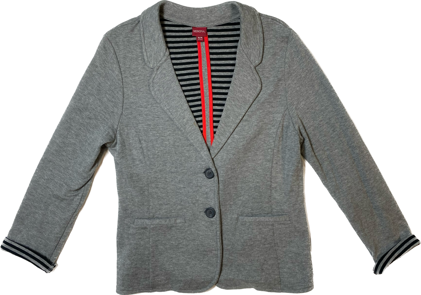 Merona Grey Blazer with Black Stripe Inside - NWOT Two button cotton blazer with notch collar and pockets. The stripe interior is great for rolling the cuffs and adding a little "pop" to your outfit.