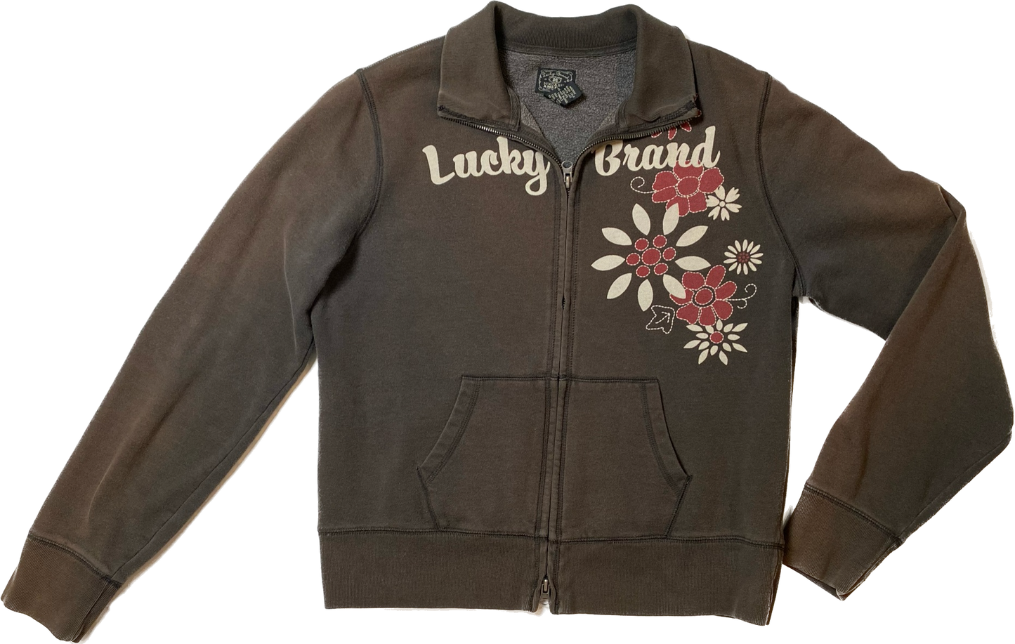 Lucky Brand Zip Front Fleece Jacket Zip front embellished brown fleece jacket with front pockets.