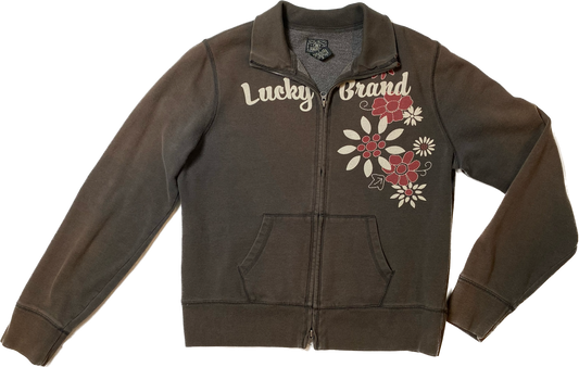 Lucky Brand Zip Front Fleece Jacket Zip front embellished brown fleece jacket with front pockets.