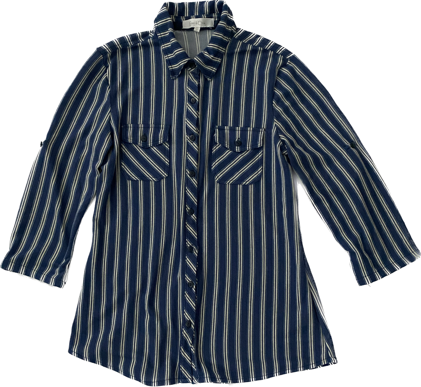 Eden & Olivia Blue and White Stripe Shirt Soft blue and white stripe 3/4 sleeve button front shirt. Easy to wear to work or on the weekend, for both comfort and style.
