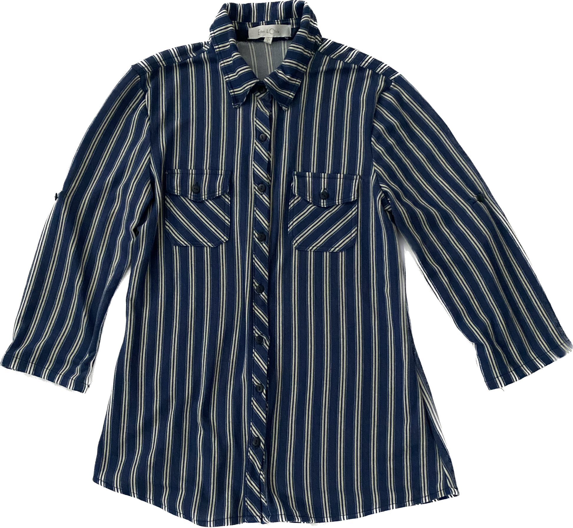Eden & Olivia Blue and White Stripe Shirt Soft blue and white stripe 3/4 sleeve button front shirt. Easy to wear to work or on the weekend, for both comfort and style.