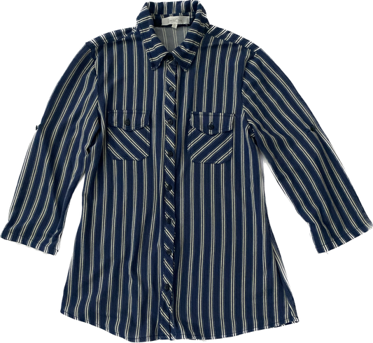 Eden & Olivia Blue and White Stripe Shirt Soft blue and white stripe 3/4 sleeve button front shirt. Easy to wear to work or on the weekend, for both comfort and style.