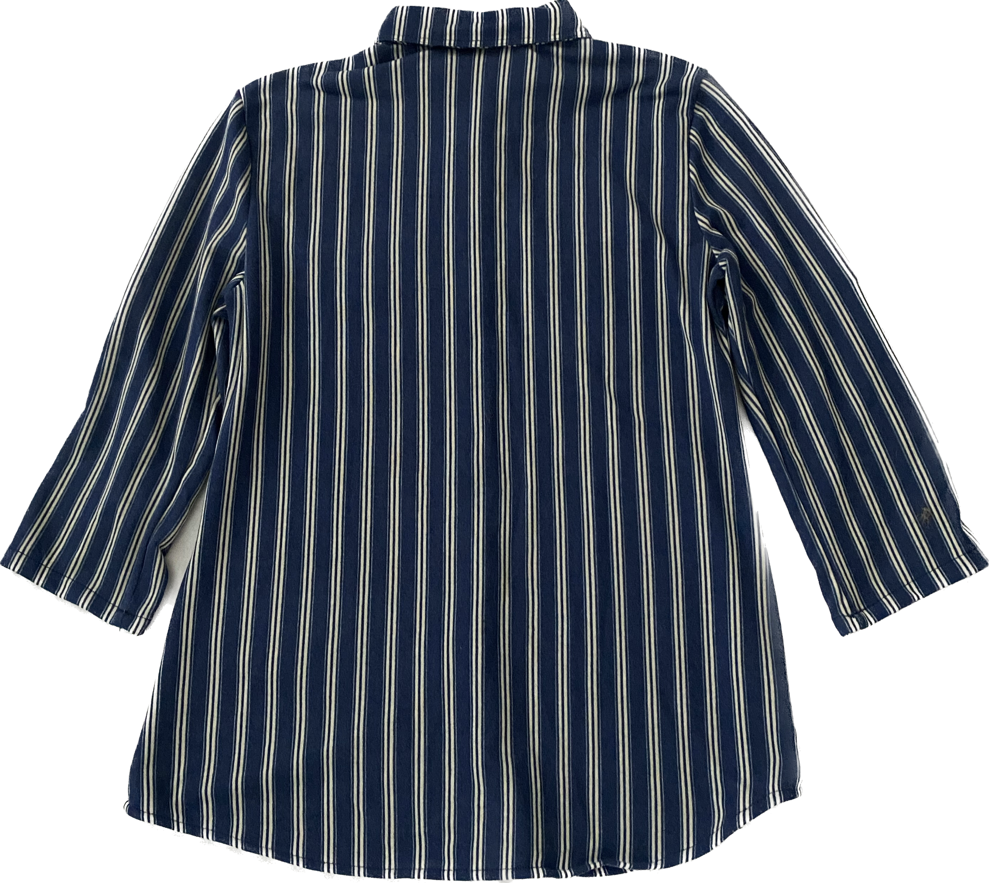 Eden & Olivia Blue and White Stripe Shirt Soft blue and white stripe 3/4 sleeve button front shirt. Easy to wear to work or on the weekend, for both comfort and style.
