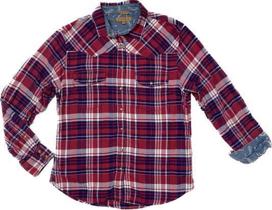 Jachs Girlfriend Berry, White & Blue Plaid Shirt Such great colors in this plaid western cut shirt with snap front and bandana print lining at the cuffs and collar.