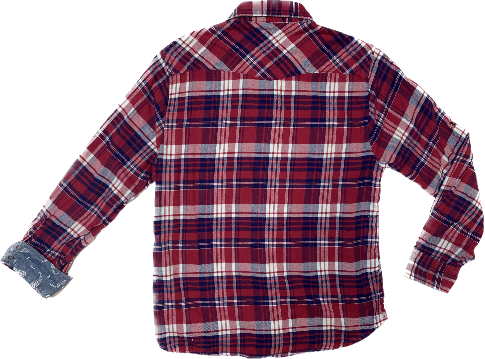 Jachs Girlfriend Berry, White & Blue Plaid Shirt Such great colors in this plaid western cut shirt with snap front and bandana print lining at the cuffs and collar.
