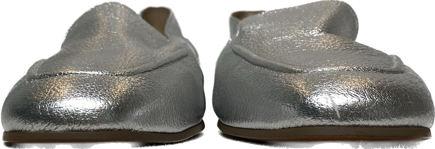 Franco Sarto Silver L-Gracie Slip-On Loafers - EUCBeautiful silver metallic leather slip-on loafers. These are the perfect easy wear shoes for an on the go day.