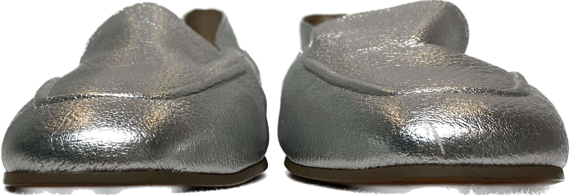 Franco Sarto Silver L-Gracie Slip-On Loafers - EUCBeautiful silver metallic leather slip-on loafers. These are the perfect easy wear shoes for an on the go day.