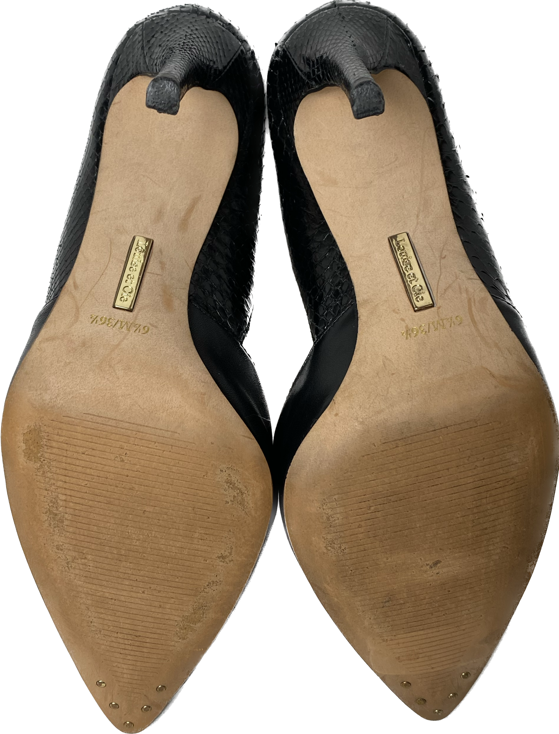 Louie et Cie Black D'Orsay Pumps Classic black d'orsay pump with Amazon Snakeskin on the back half of shoe and Coastal Calf Leather on the front. They feature 3.5" heels.
Looking for the ideal shoe