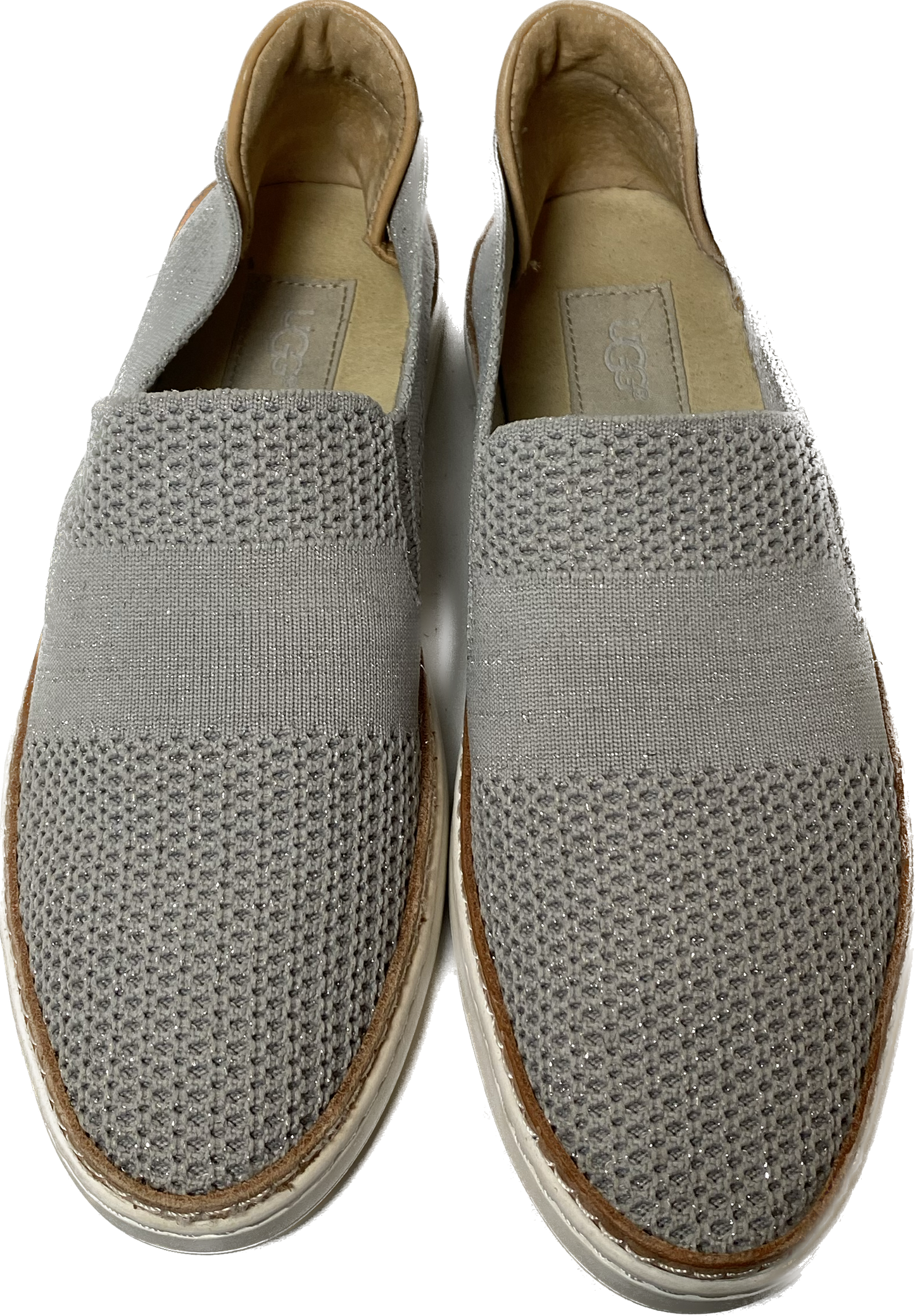 Ugg Grey Sammy Slip-OnsThese stretch knit slip-ons have just the right amount of sparkle subtly woven in. 
Great shoes for casual weekend wear!Ugg Grey Sammy Slip-OnsShoes