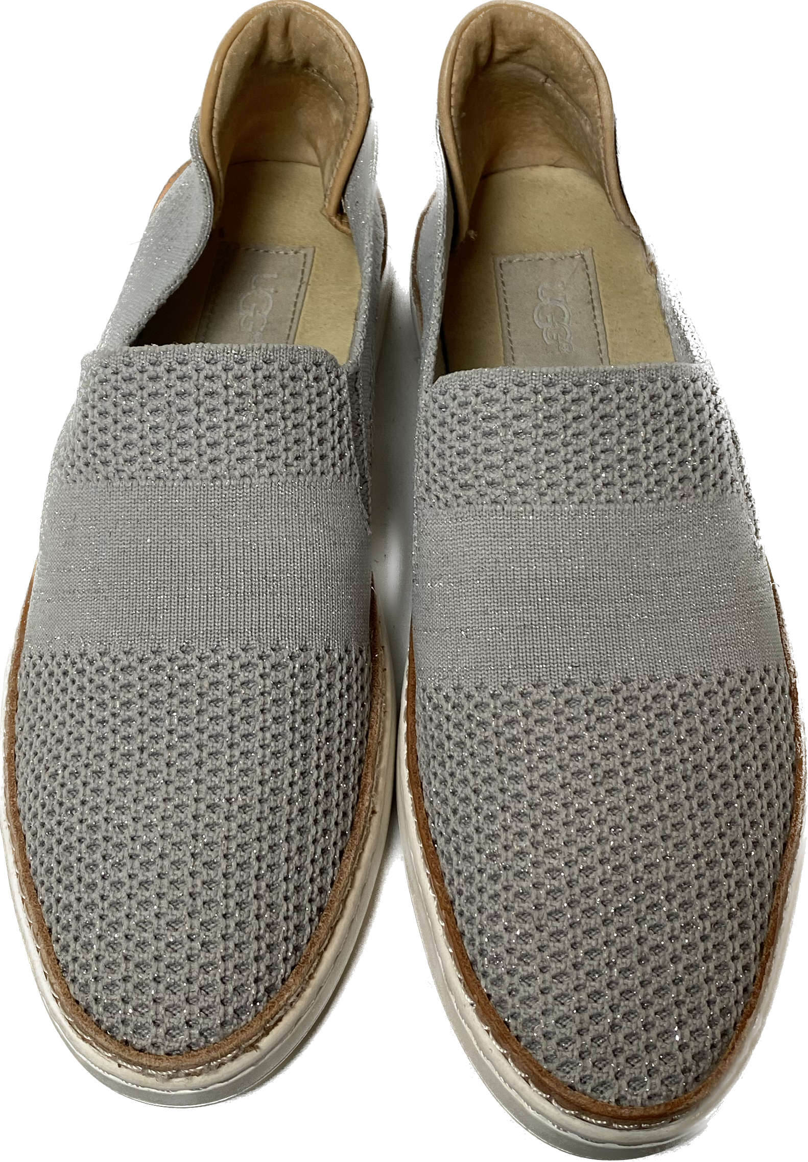 Ugg Grey Sammy Slip-OnsThese stretch knit slip-ons have just the right amount of sparkle subtly woven in. 
Great shoes for casual weekend wear!Ugg Grey Sammy Slip-OnsShoes
