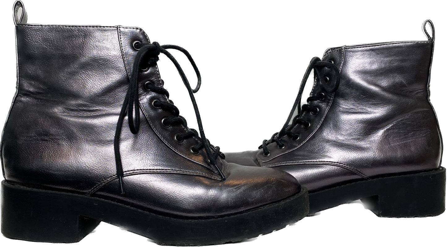 Divided Pewter Metallic Lace Up Combat BootReally fun and comfy boots perfect for adding a little funk to your day!