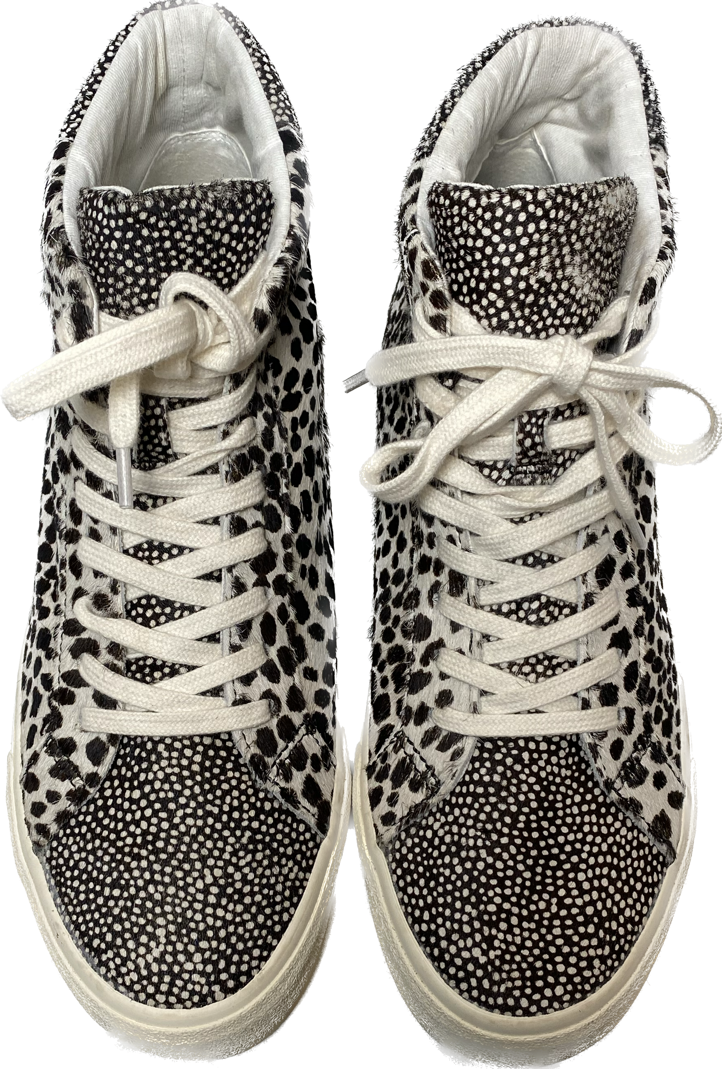 Madewell Animal Print Calf Hair Sidewalk High Top Sneakers in Spot MixThese sneakers are so cool and in great condition!!  Wear them with any outfit to make a statement and be comfortable at the same time.