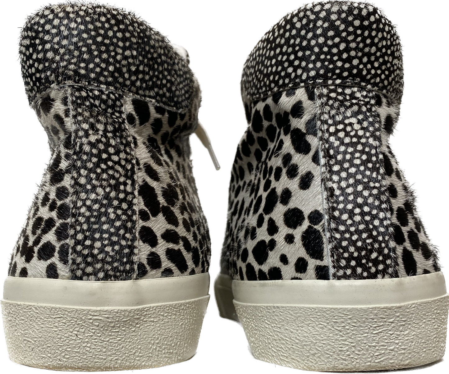 Madewell Animal Print Calf Hair Sidewalk High Top Sneakers in Spot MixThese sneakers are so cool and in great condition!!  Wear them with any outfit to make a statement and be comfortable at the same time.