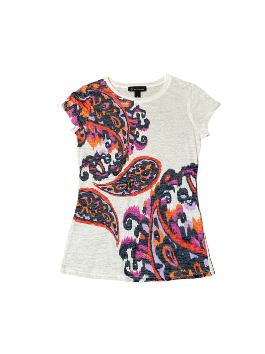 INC White Top with Graphic INC white burn out t-shirt top with paisley print on front and one sleeve.